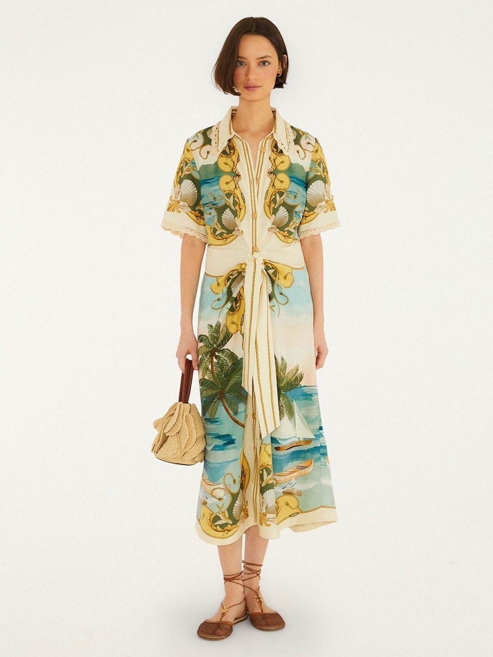 Farm Rio Off-White Royal Sea Collared Midi Dress